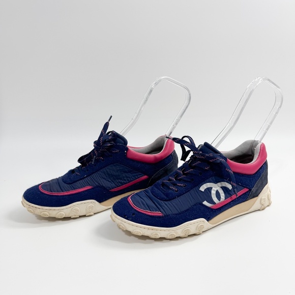 Chanel Pink Blue Wool Leather CC Logo Sneakers 39.5 - Picture 1 of 8